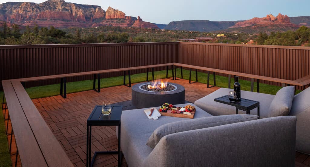 The Rooftop with a fire and seating 